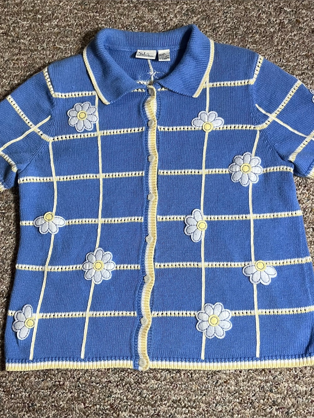 Christopher & Banks Blue Polo Cardigan with Daisy Appliqués